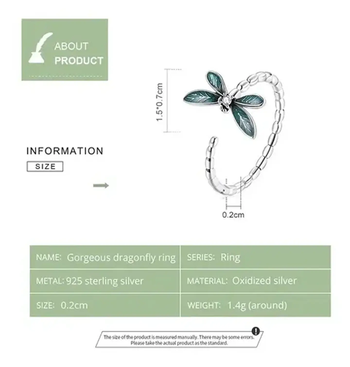 Anillo Plata 925 Ajustable Libélula Verde Joyas Regalo Mujer 5