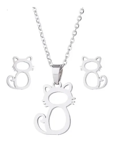 Conjunto Gato Colgante Cadena Aros Mujer Niña + Caja Regalo