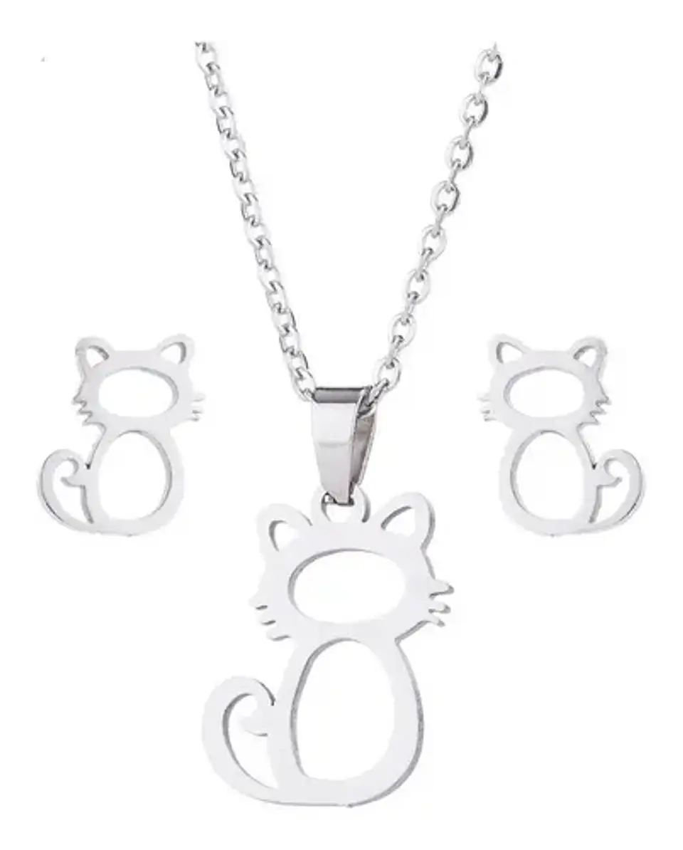 Conjunto Gato Colgante Cadena Aros Mujer Niña + Caja Regalo 1