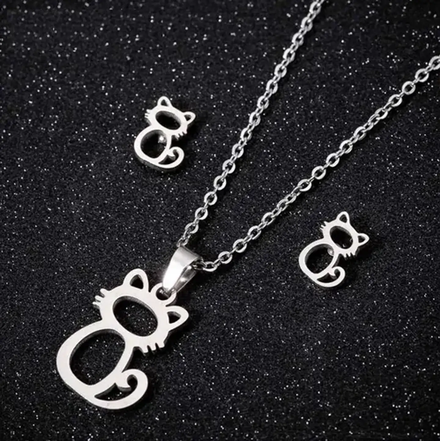 Conjunto Gato Colgante Cadena Aros Mujer Niña + Caja Regalo 2