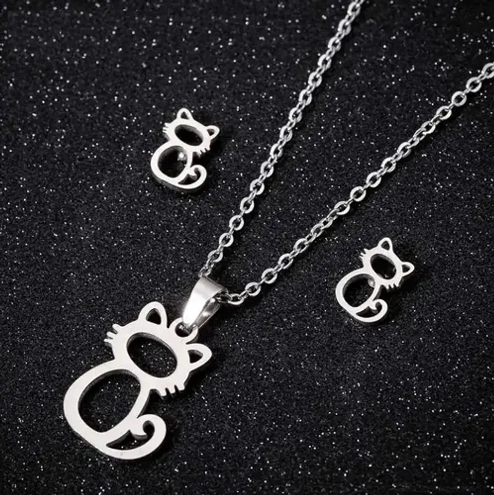 Conjunto Gato Colgante Cadena Aros Mujer Niña + Caja Regalo 2