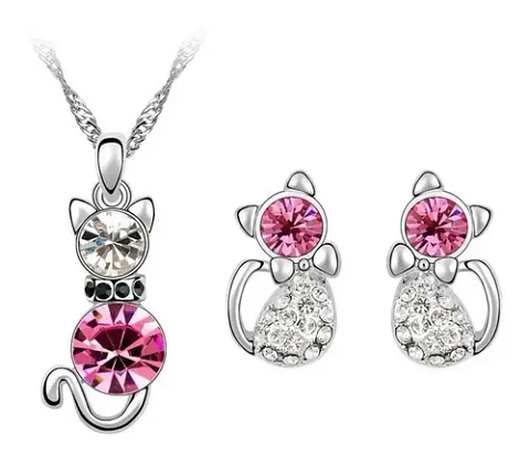 Conjunto Joyas Gato Cristal Collar Aros Mujer + Caja Regalo