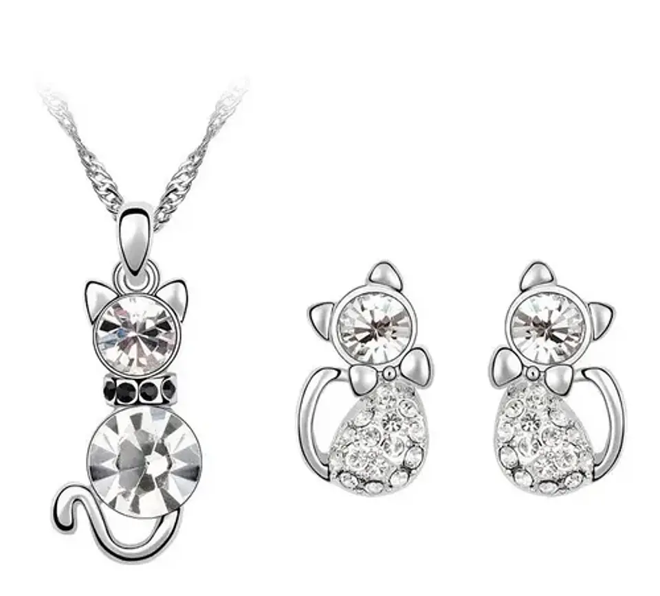 Conjunto Joyas Gato Cristal Collar Aros Mujer + Caja Regalo 7