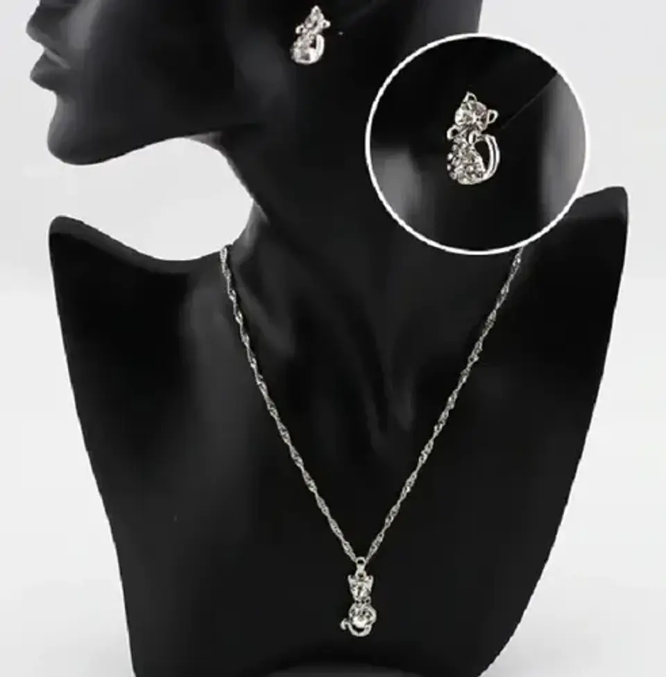 Conjunto Joyas Gato Cristal Collar Aros Mujer + Caja Regalo 8