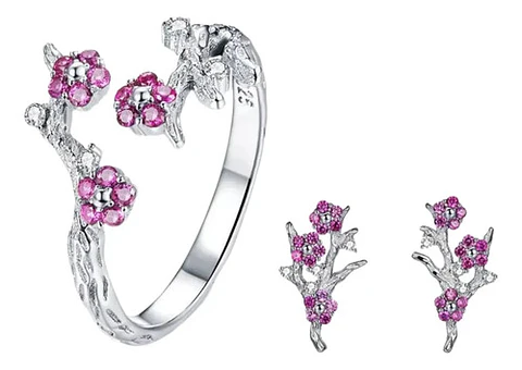 Conjunto Plata 925 Anillo Aros Flor Rosa Joyas Regalo Mujer
