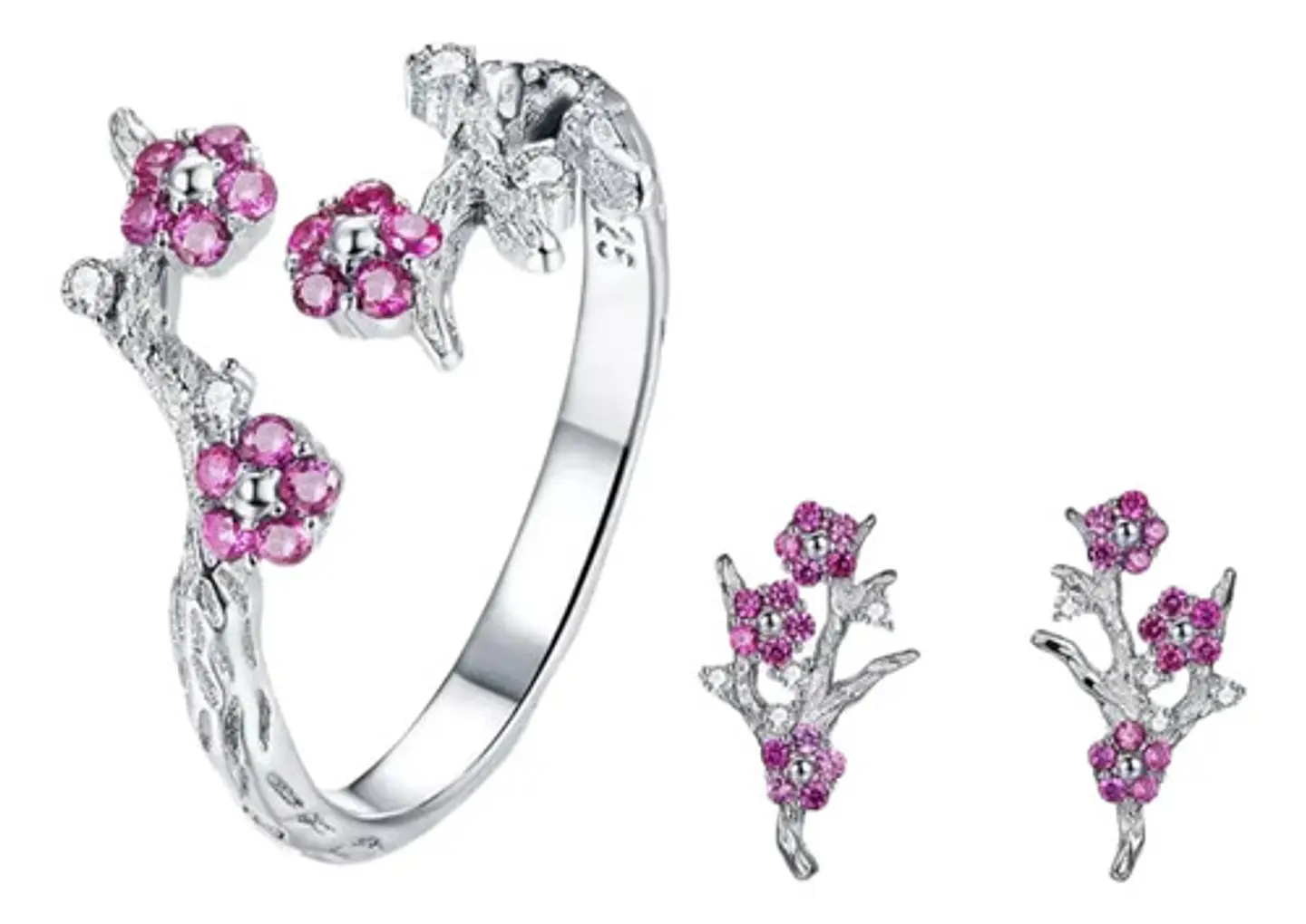 Conjunto Plata 925 Anillo Aros Flor Rosa Joyas Regalo Mujer 1