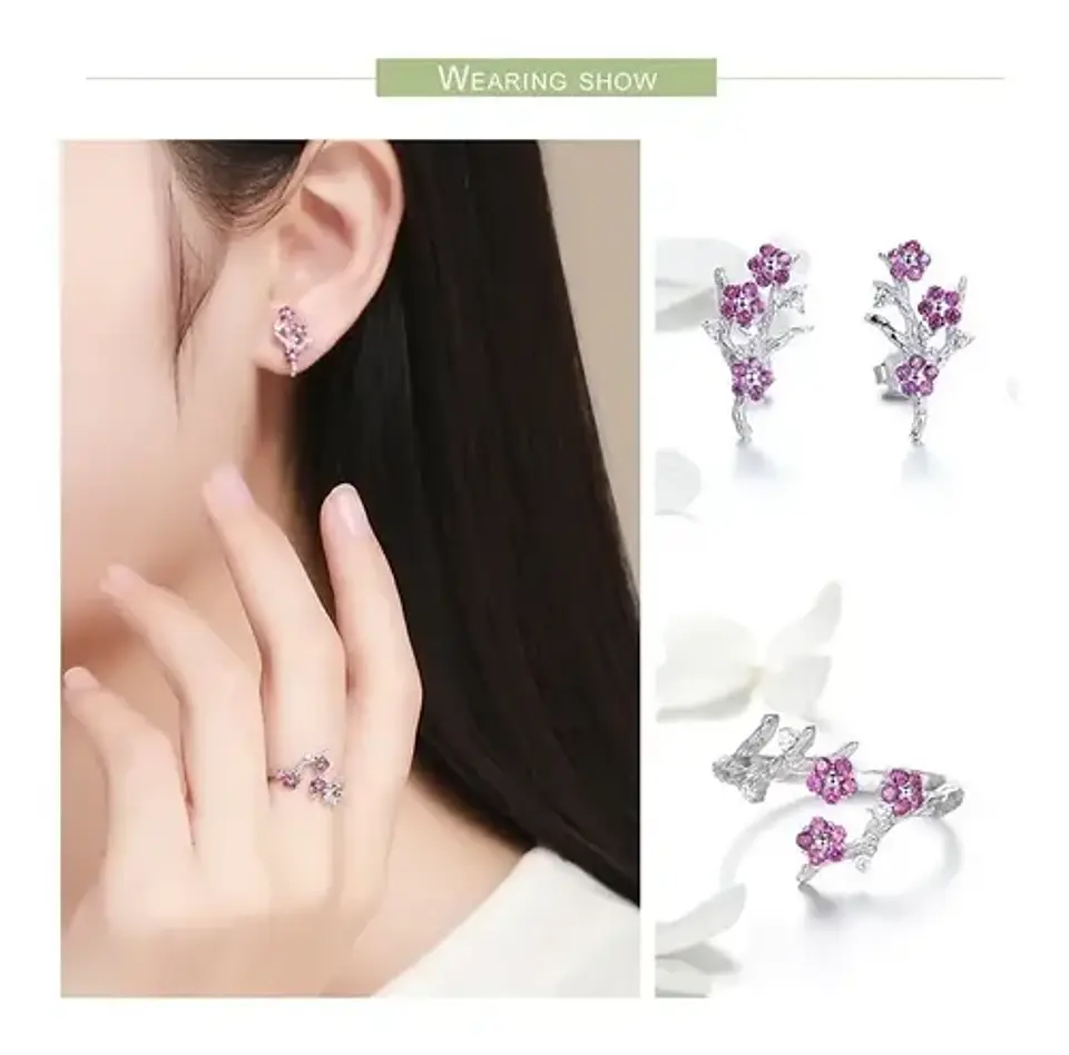 Conjunto Plata 925 Anillo Aros Flor Rosa Joyas Regalo Mujer 5