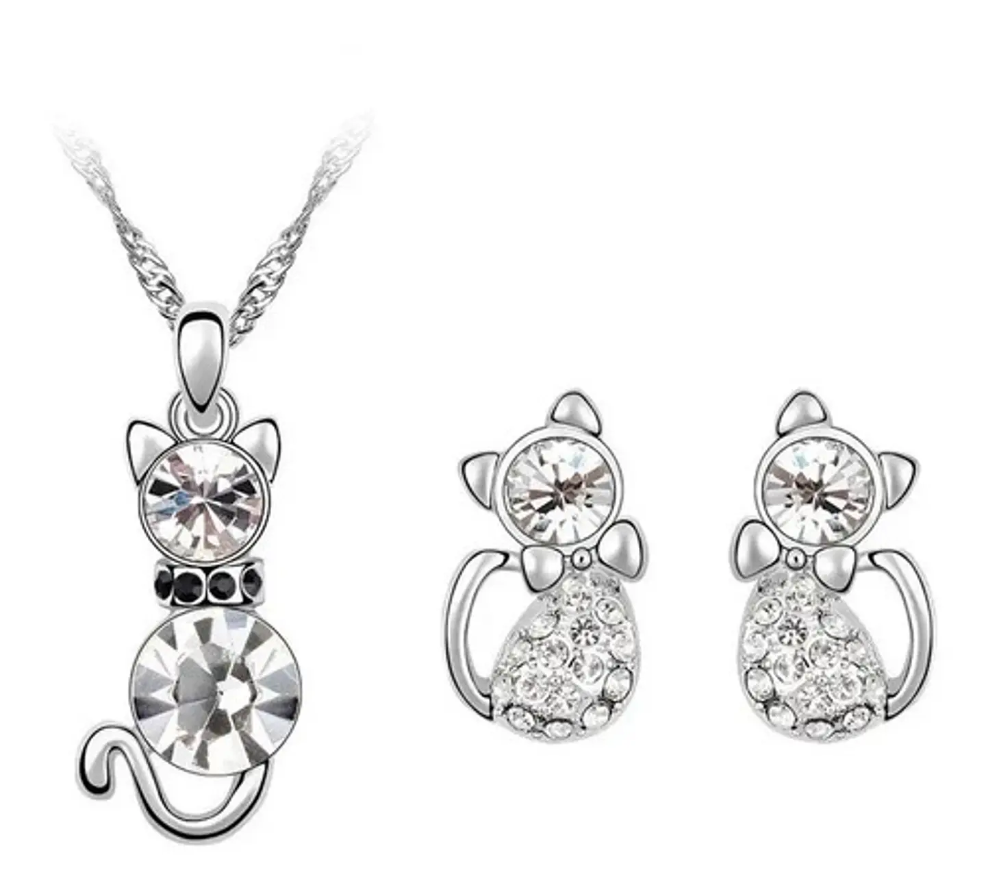 Conjunto Gato Cristal Blanco Collar Aros + Caja Regalo Joyas 1