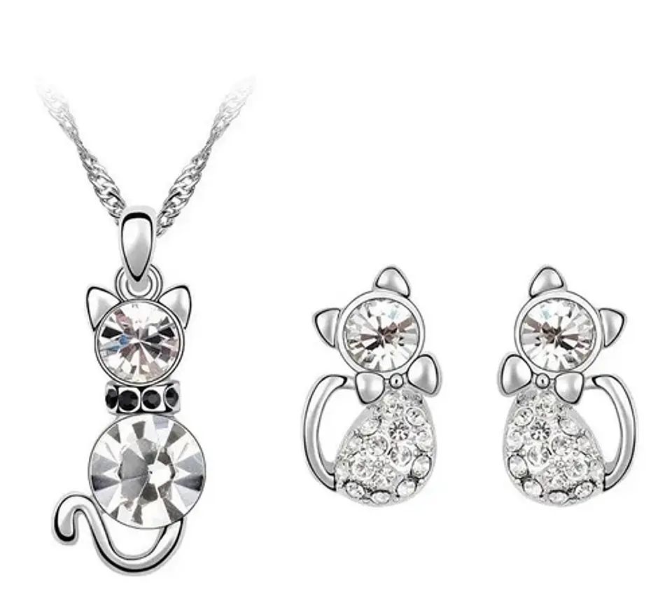 Conjunto Gato Cristal Blanco Collar Aros + Caja Regalo Joyas 1