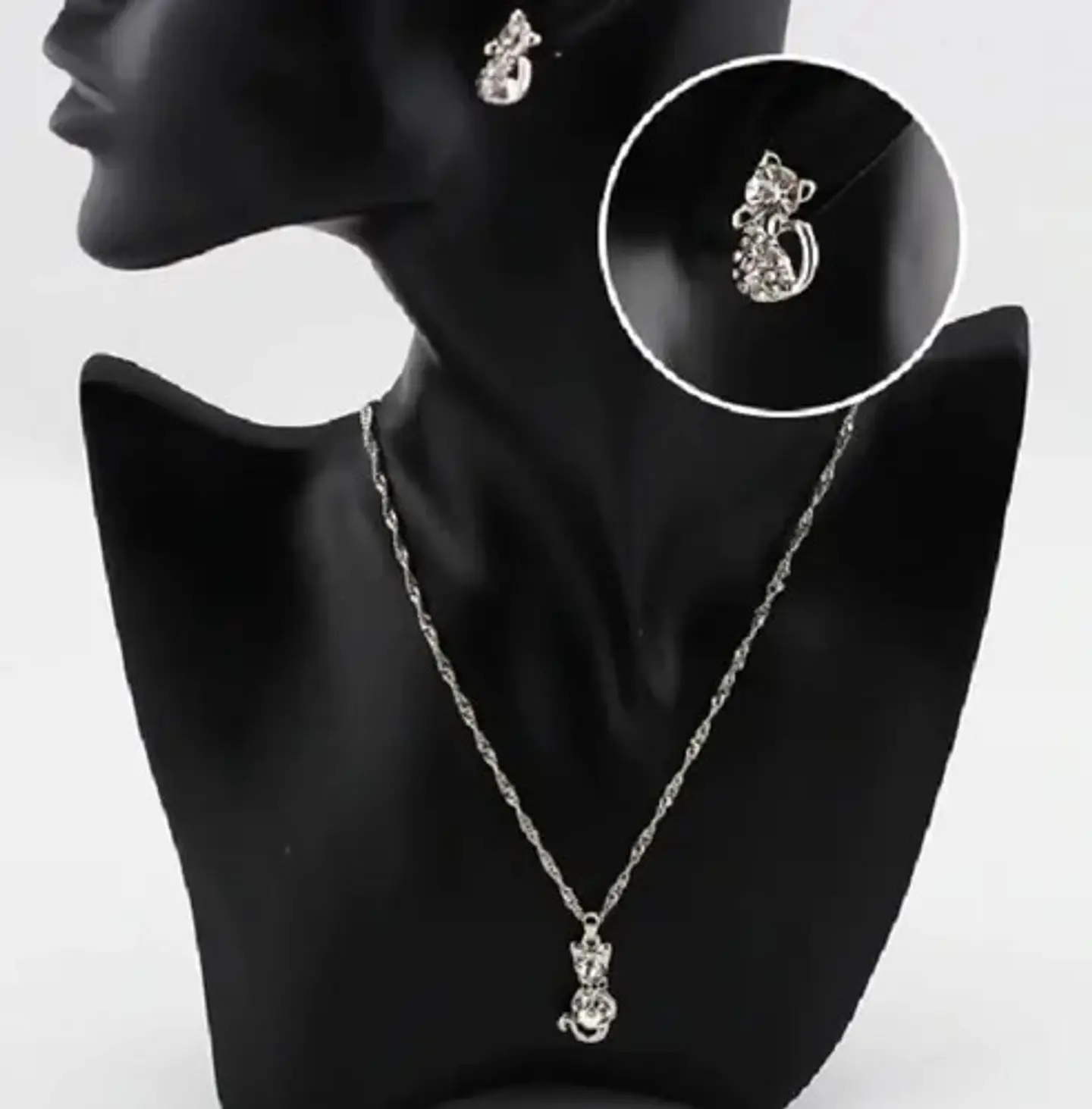 Conjunto Gato Cristal Blanco Collar Aros + Caja Regalo Joyas 2