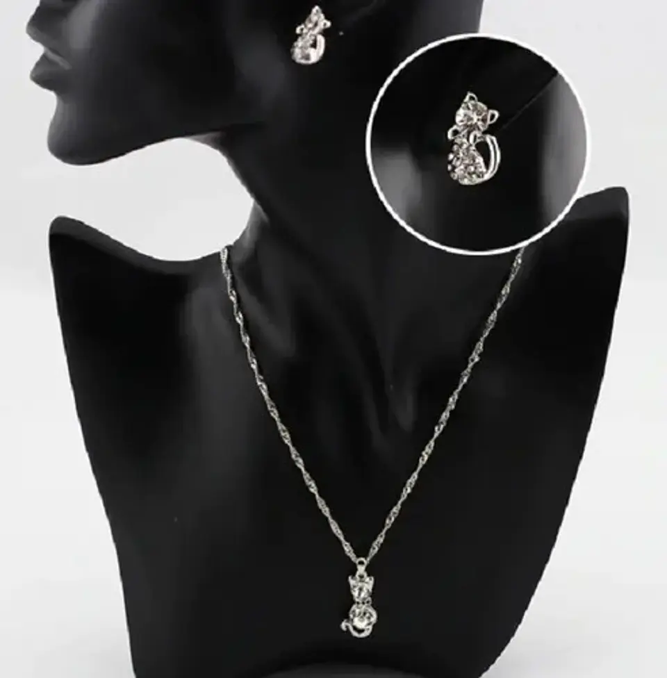 Conjunto Gato Cristal Blanco Collar Aros + Caja Regalo Joyas 2