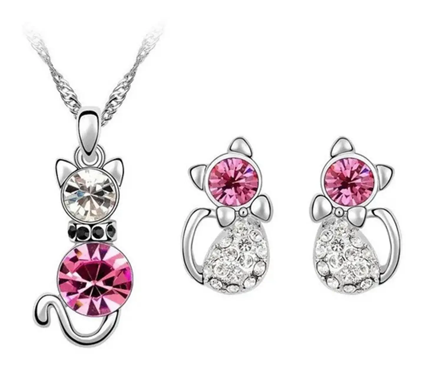 Conjunto Gato Cristal Rosado Collar Aros + Caja Regalo Joyas 1