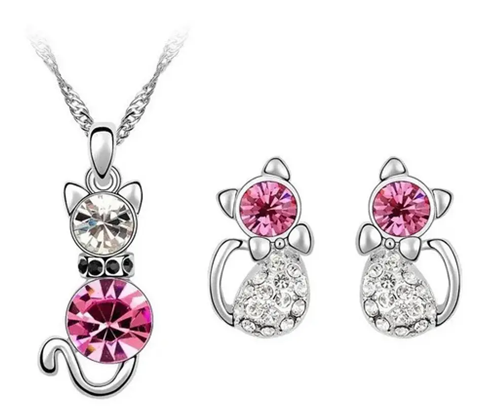 Conjunto Gato Cristal Rosado Collar Aros + Caja Regalo Joyas 1