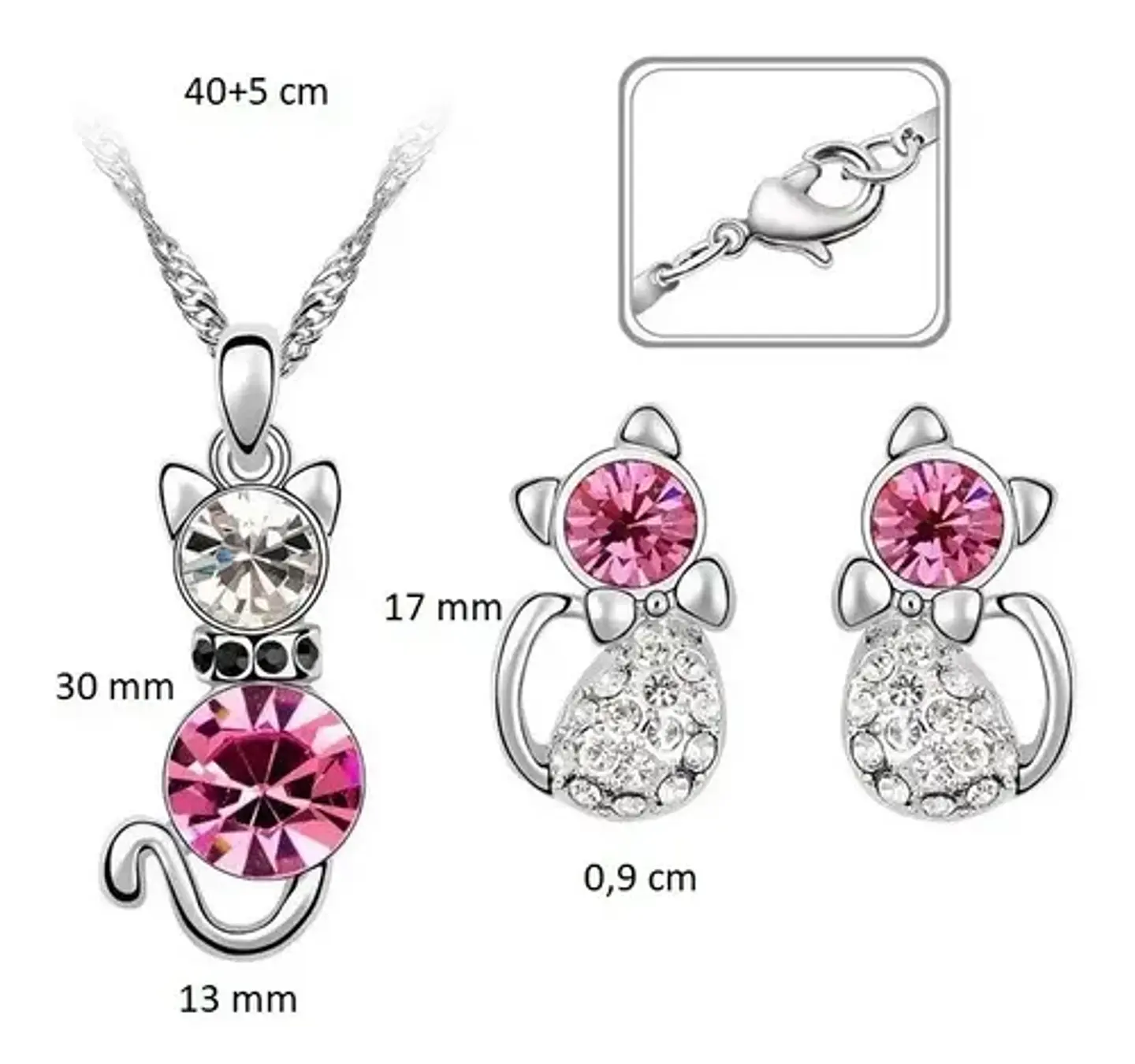 Conjunto Gato Cristal Rosado Collar Aros + Caja Regalo Joyas 2