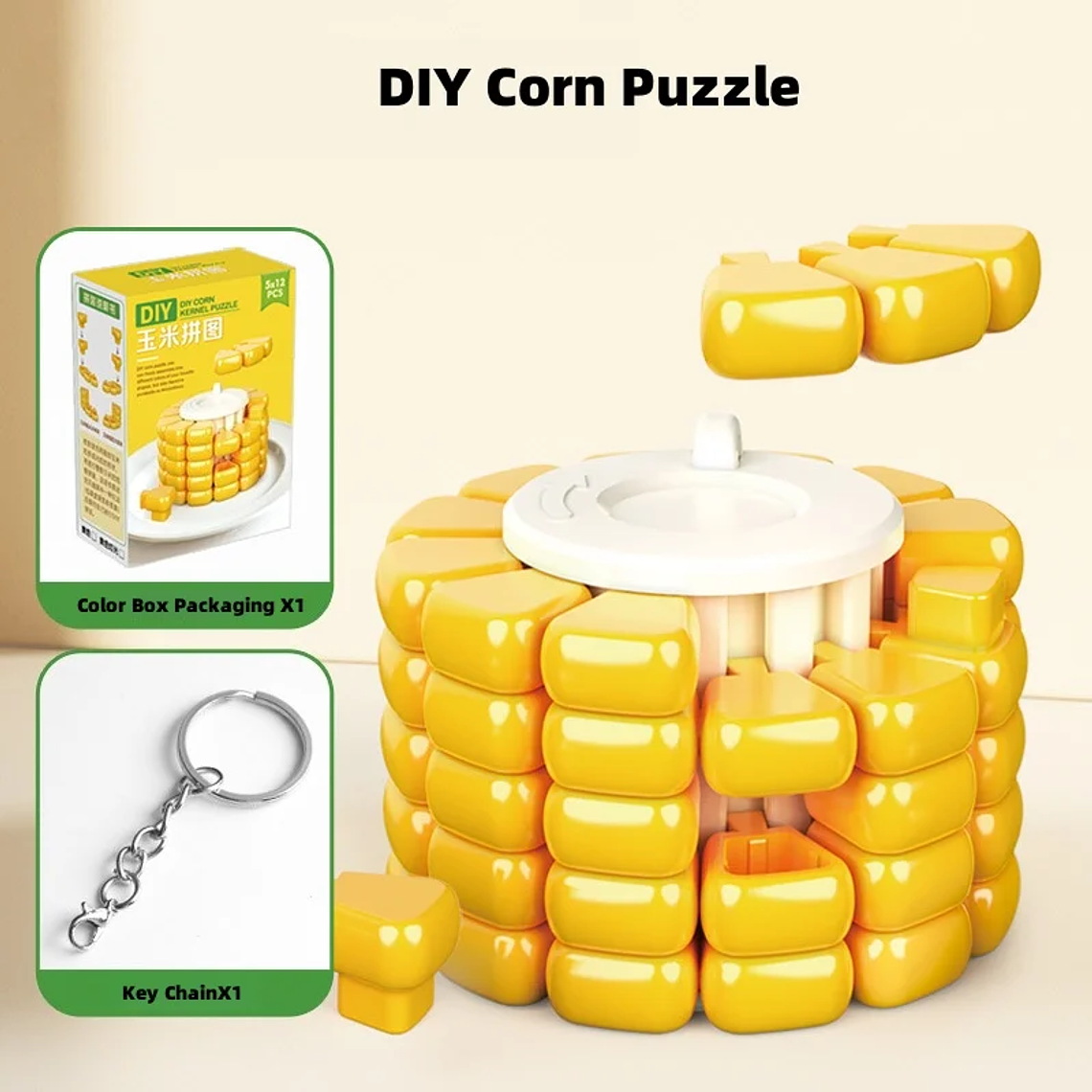 Juguete Sensorial Mini LLavero Maiz, con luz y granos desmotables. 2