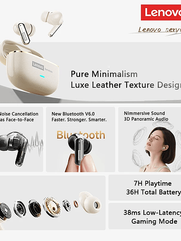 Auriculares inalámbricos Lenovo LE208 TWS Bluetooth 6.0 de cuero, estéreo, ENC, con cancelación de ruido y baja latencia de 38 ms para juegos. 6