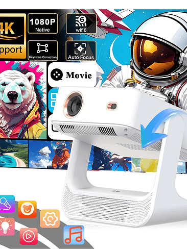🎬 Proyector Smart 1080P Nativo con WiFi 6 y Android 12 – 4K Soportado | Autofocus + Keystone Automático 3