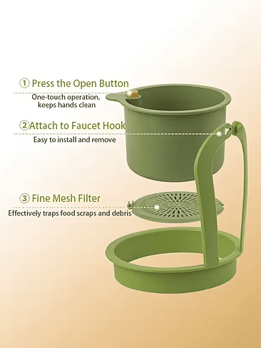 🧼✨ Filtro Colgante para Fregadero con Malla Fina – Limpieza Práctica y Sin Desorden Mantén tu fregadero limpio y libre de residuos con nuestro filtro colgante para grifo con sistema de malla fina, di 3