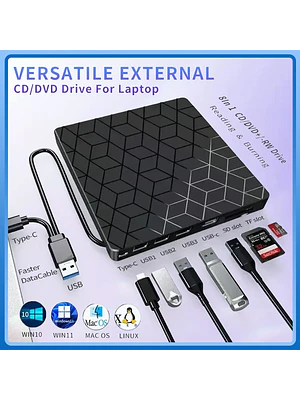🖥️ ¡LECTOR Y GRABADOR DE CD/DVD EXTERNO VERSÁTIL 8 EN 1 PARA LAPTOP! 💿⚡