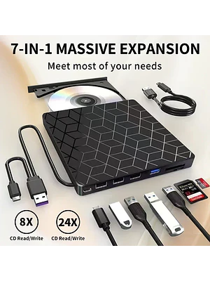 🖥️ ¡LECTOR Y GRABADOR DE CD/DVD EXTERNO VERSÁTIL 8 EN 1 PARA LAPTOP! 💿⚡