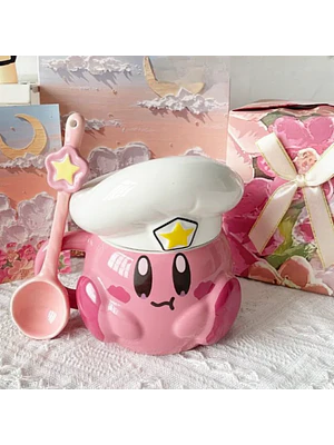 ESTA🥞 ¡TAZÓN MUG DE CERÁMICA PREMIUM KIRBY CAFÉ CON TAPA DE GORRO DE CHEF! 🌸✨¡