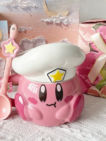 ESTA🥞 ¡TAZÓN MUG DE CERÁMICA PREMIUM KIRBY CAFÉ CON TAPA DE GORRO DE CHEF! 🌸✨¡ 1