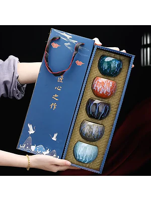 🍵 ¡SET DE 5 TAZAS CERÁMICAS JIANZHAU PREMIUM CON CAJA DE LUJO! 🏔️✨