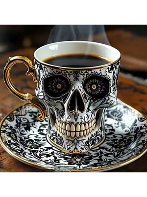 💀 ¡SET DE TAZA Y PLATO DE PORCELANA CALAVERA PUNK SKULL DE LUJO! 🖤✨