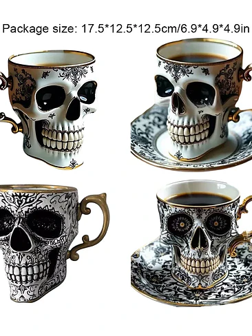 💀 ¡SET DE TAZA Y PLATO DE PORCELANA CALAVERA PUNK SKULL DE LUJO! 🖤✨ 5