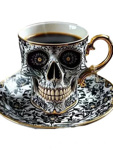 💀 ¡SET DE TAZA Y PLATO DE PORCELANA CALAVERA PUNK SKULL DE LUJO! 🖤✨ 7