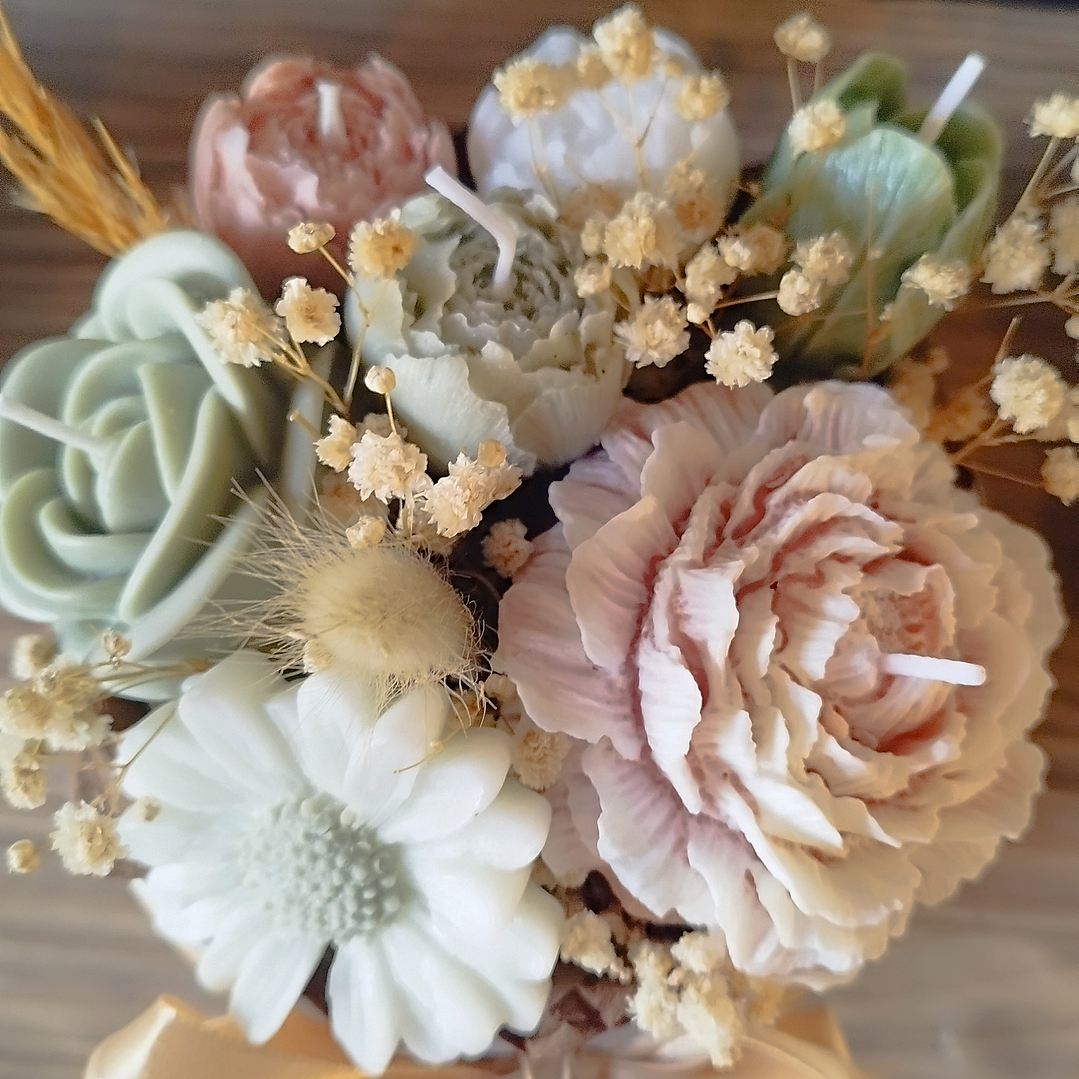 Arranjo velas flores  tons verde pastel 1