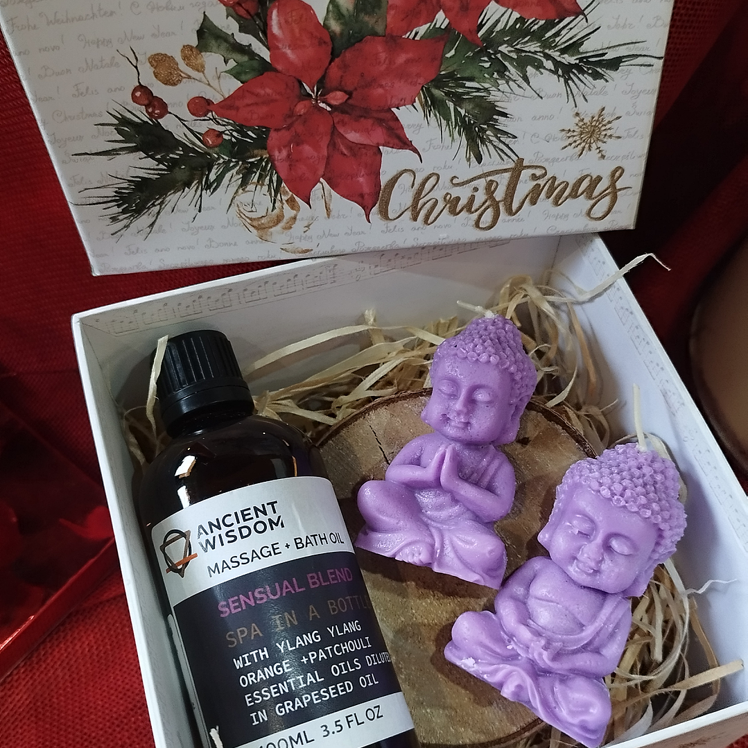 Óleo Massagem + 2 velas budas + caixa de oferta  1