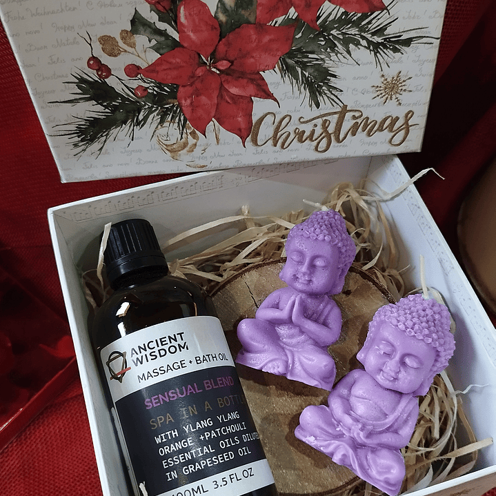 Óleo Massagem + 2 velas budas + caixa de oferta  1