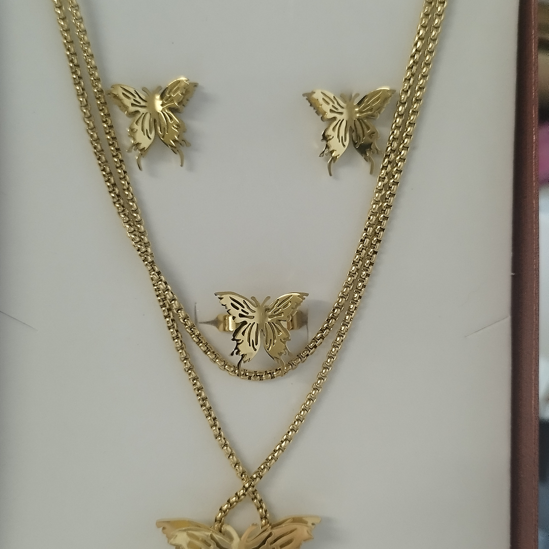 Conj. dourado 3 peças em aço borboleta 1