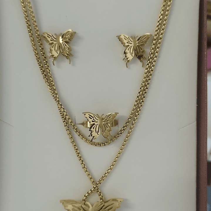 Conj. dourado 3 peças em aço borboleta 1