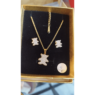 Conj. aço dourado ursinhos com pedrinhas 