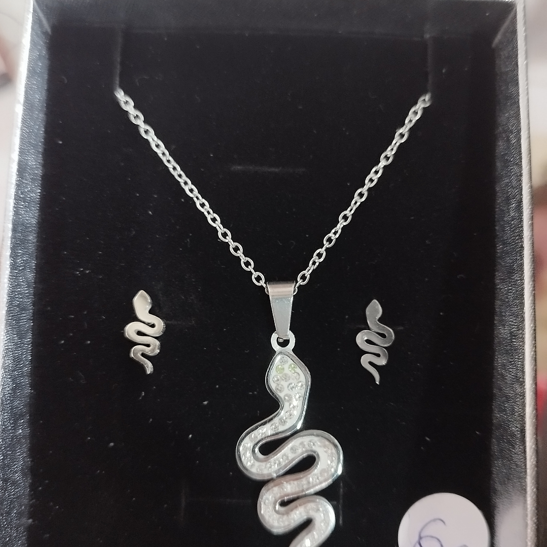 Conj. fio prateado em aço cobra + brincos  1