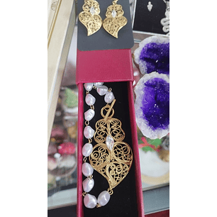 Colar + brincos aço e pérolas 