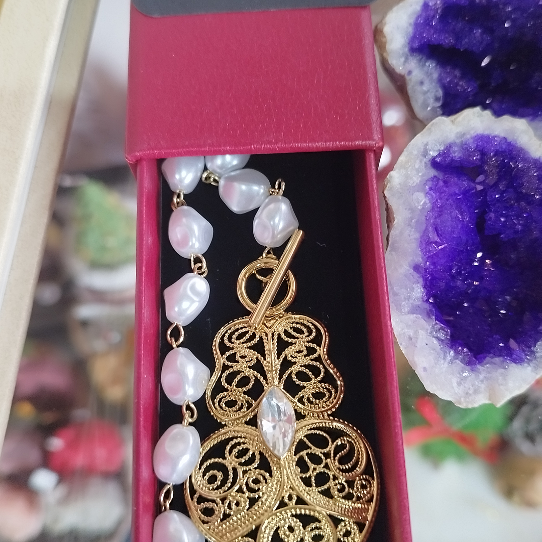 Colar + brincos aço e pérolas  1