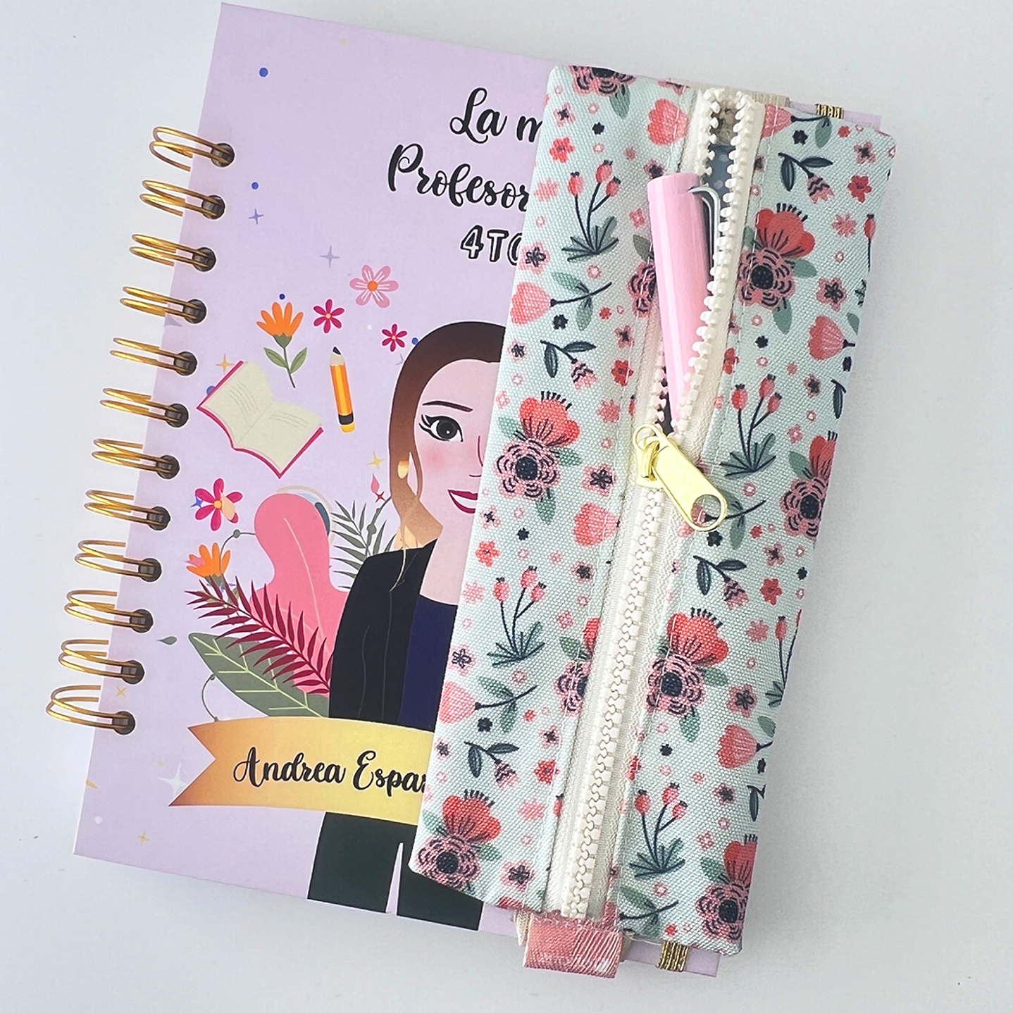 Estuche para agenda con elastico - Diseño flores color menta 1