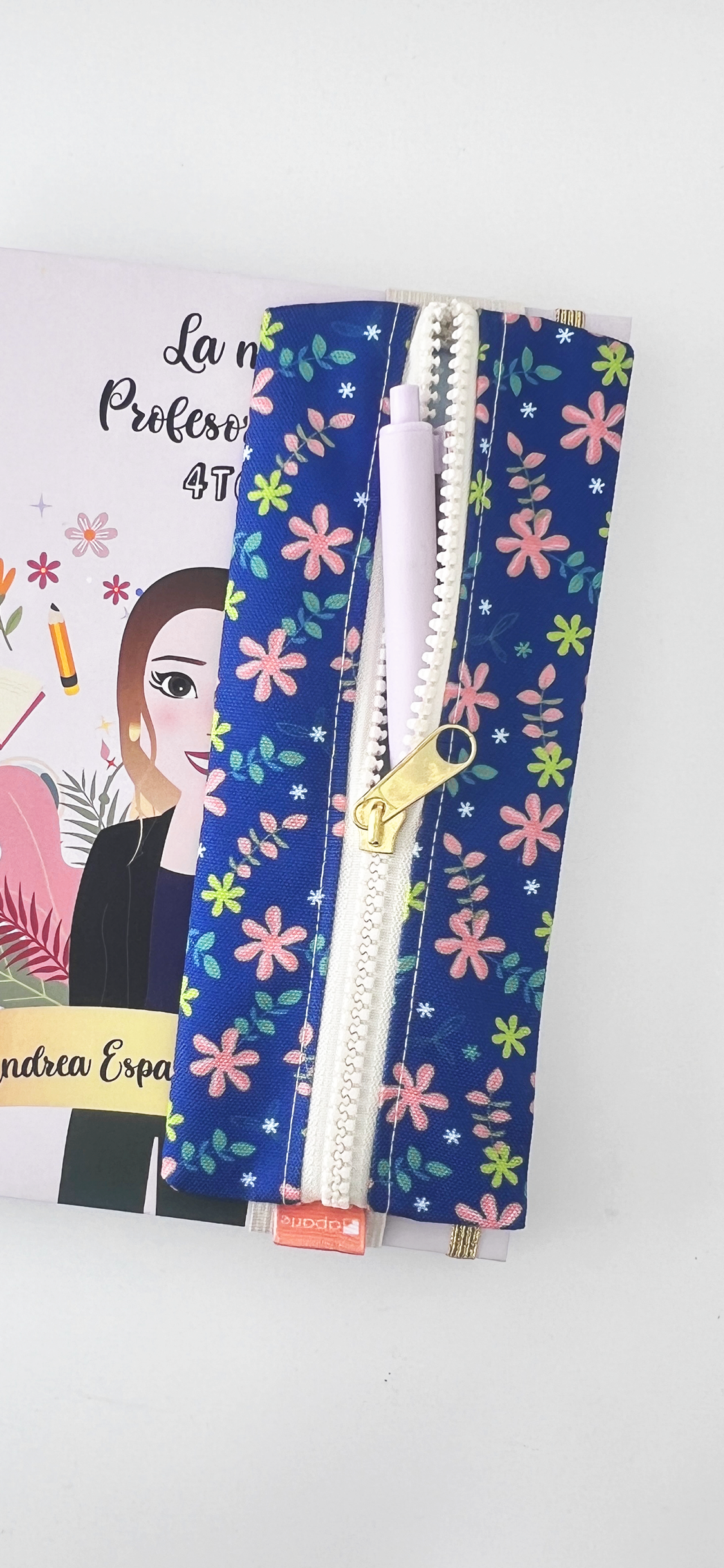 Estuche para agenda con elastico - Diseño flores color azul