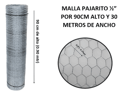 Malla Pajarito Galvanizada 0.9mx1/2pul 1.27cm X30 Mts Largo