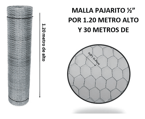 Malla Pajarito Galvanizada 1.20x1/2 Pul1.27cm X30 Mts Largo