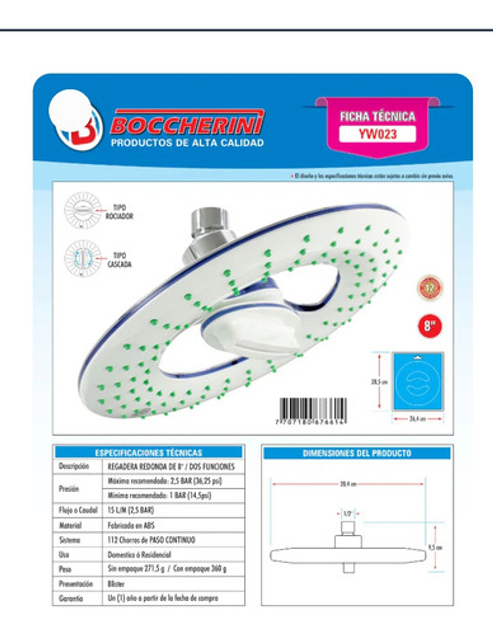 Regadera 8 Pulgadas En Abs 2 Función 3