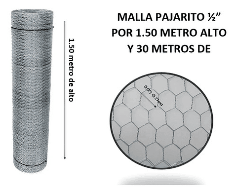 Malla Pajarito Galvanizada 1.50x1/2pu 1.27cm X30 Mts Largo