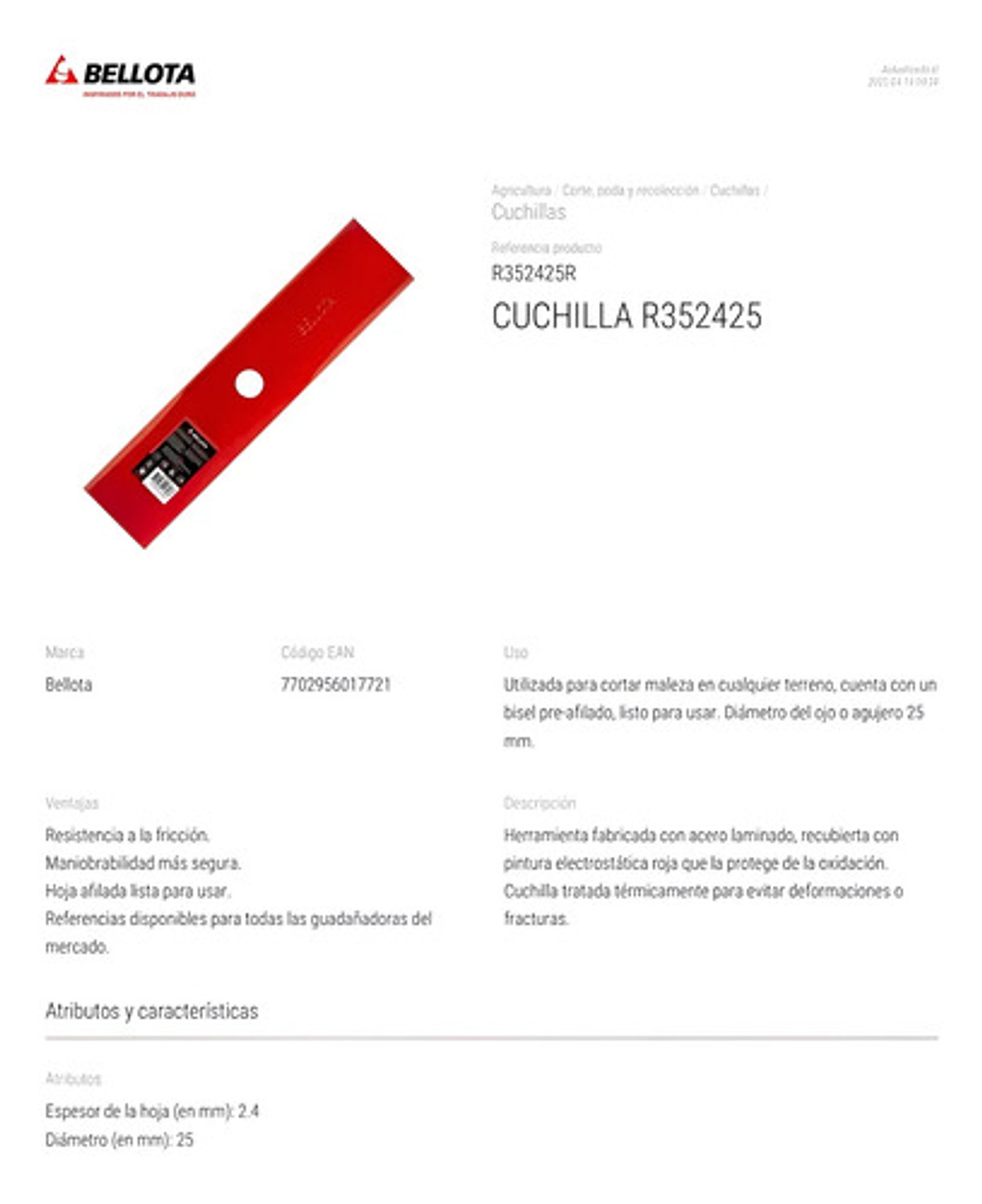 Cuchilla Guadaña Bellota Calibre 13 Gruesa Recta Unidad 2