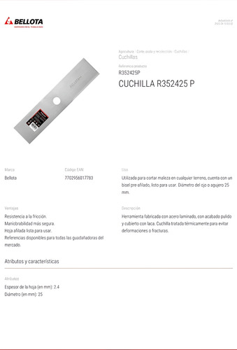 Cuchilla Guadaña Bellota Calibre 13 Gruesa Recta Unidad 6