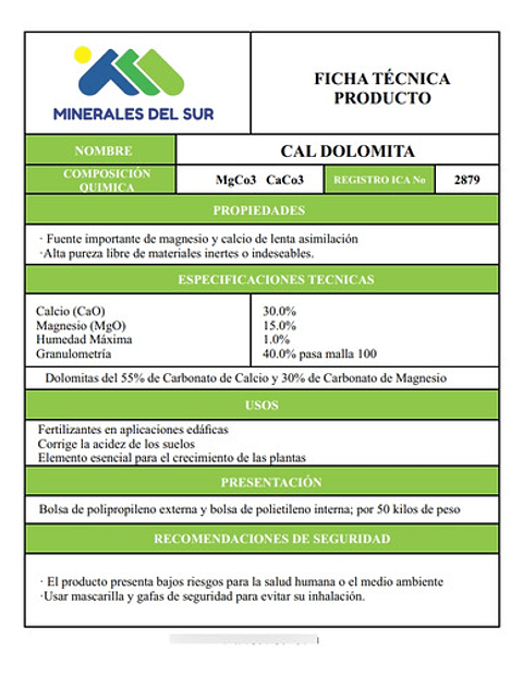 Cal Dolomita Minerales Del Sur Enmienda - 50 Kg