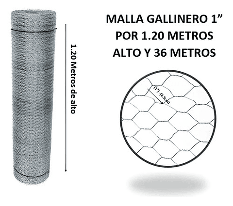 Malla Gallinero Galvanizada 1.20x1 Pul 2.5 Cm X36 Mts Largo