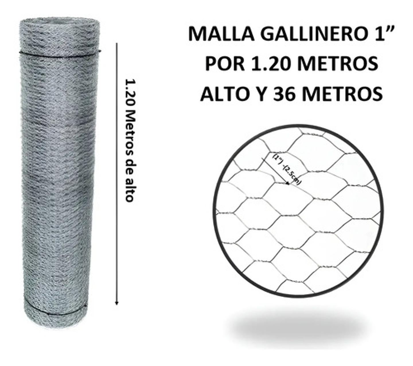 Malla Gallinero Galvanizada 1.20x1 Pul 2.5 Cm X36 Mts Largo 1